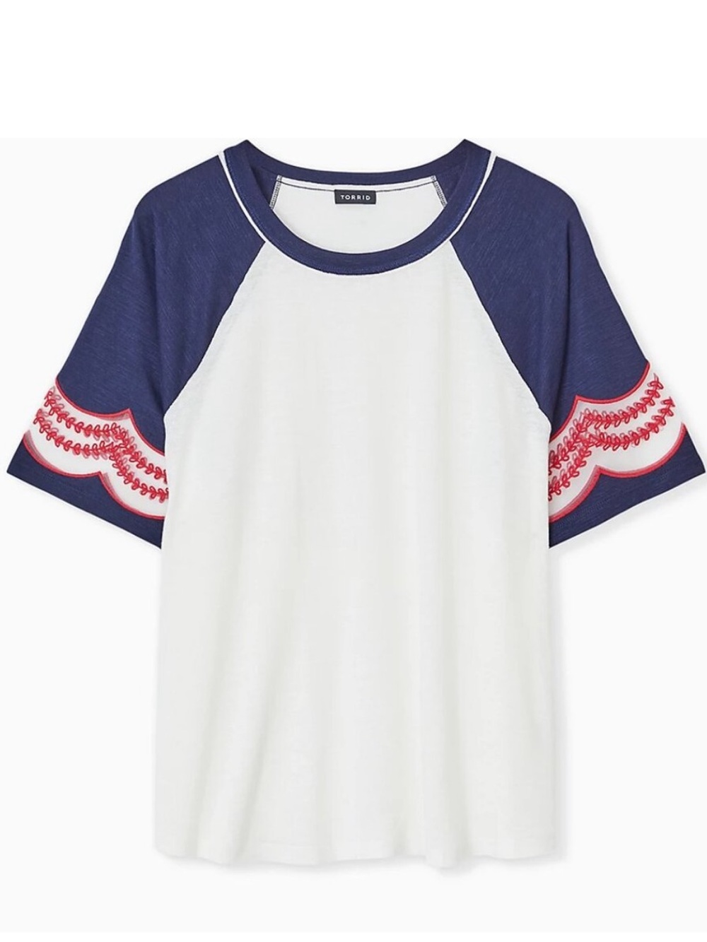 TORRID IVORY NAVY SLUB EMBROIDERED MIDI RAGLAN TEE NWT sz 2